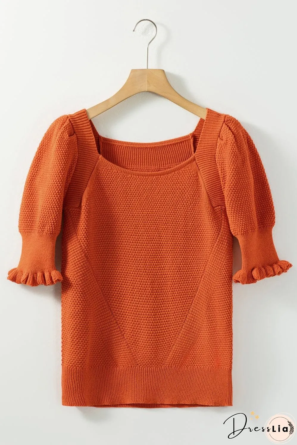 Golden Textured Knit Puff Sleeve Square Neck Sweater