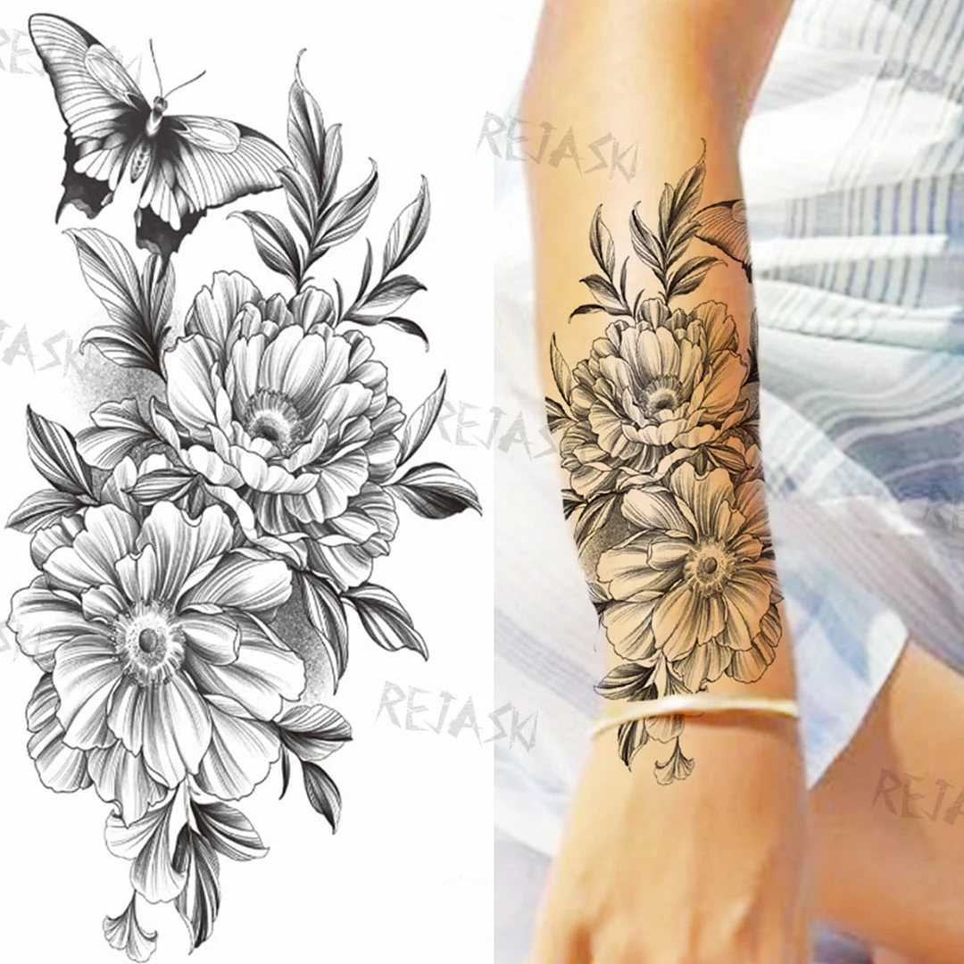 Sexy Snake Flower Fake Temporary Tattoo For Women Black Sunflower Tattoos Bloosom Big Daisy Camellia Water Transfer Tatoos Legs