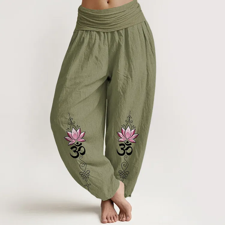 Cotton OM Sanskrit Design Lotus Flower Pattern Women's Elastic Waist Harem Pants