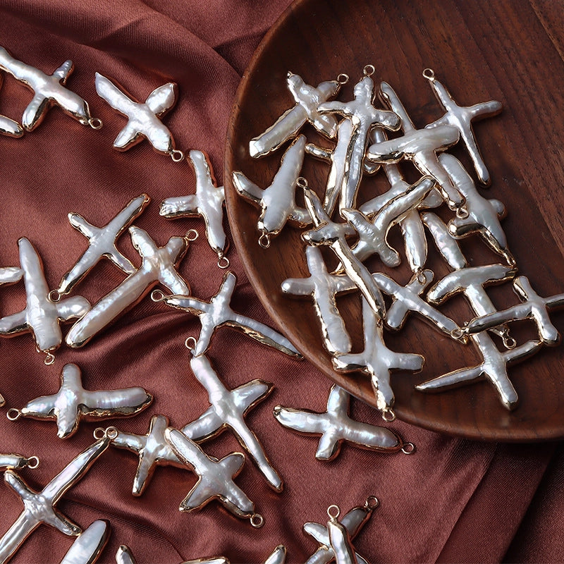 1 Piece 40mm Freshwater Pearl Copper Gold Plated Cross Jewelry Accessories Pendant