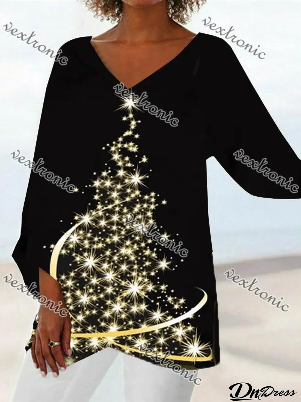 Women Asymmetrical Long Sleeve V-neck Graphic Top Dress