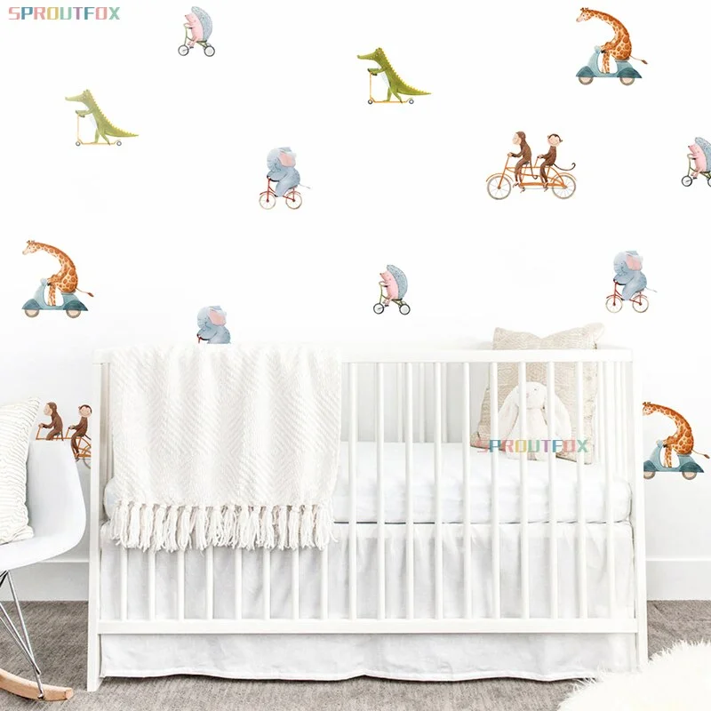 Sport Animal Wall Sticker for Kids Room Nursery Boys Bedroom Giraffe Electric Bicycle Elephant Bicycle Crocodile Scooter Decals