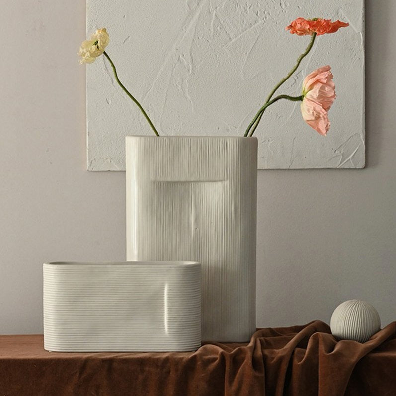 2- Piece Oval White Stripe Ceramic Flower Vases