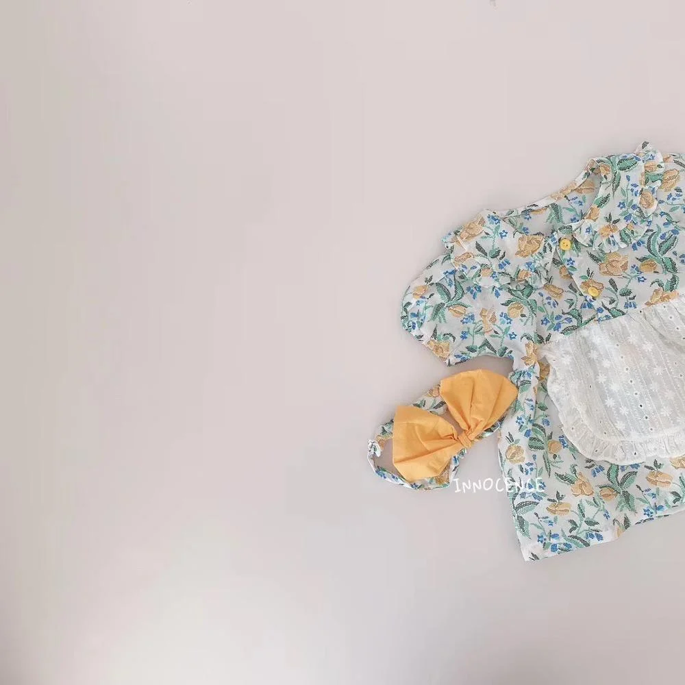 Baby Girls Flower Rompers 2020 Newborn Shorts Sleeve Clothing + Hair Band Toddlers Kids Jumpsuits Korean Style Infants Clothes