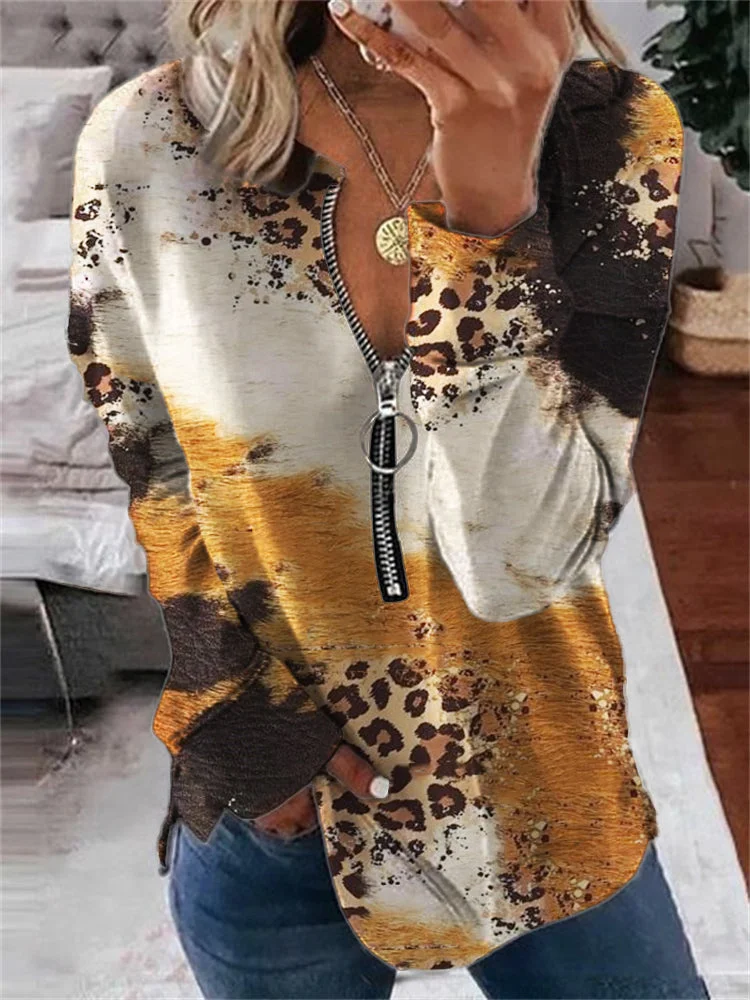 VChics Western Leopard Tie Dye Zip Long Sleeve Sweatshirt