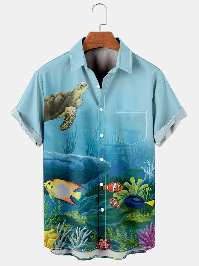 Men's Underwater World Turtle Print Blue Short Sleeve Hawaiian Shirt