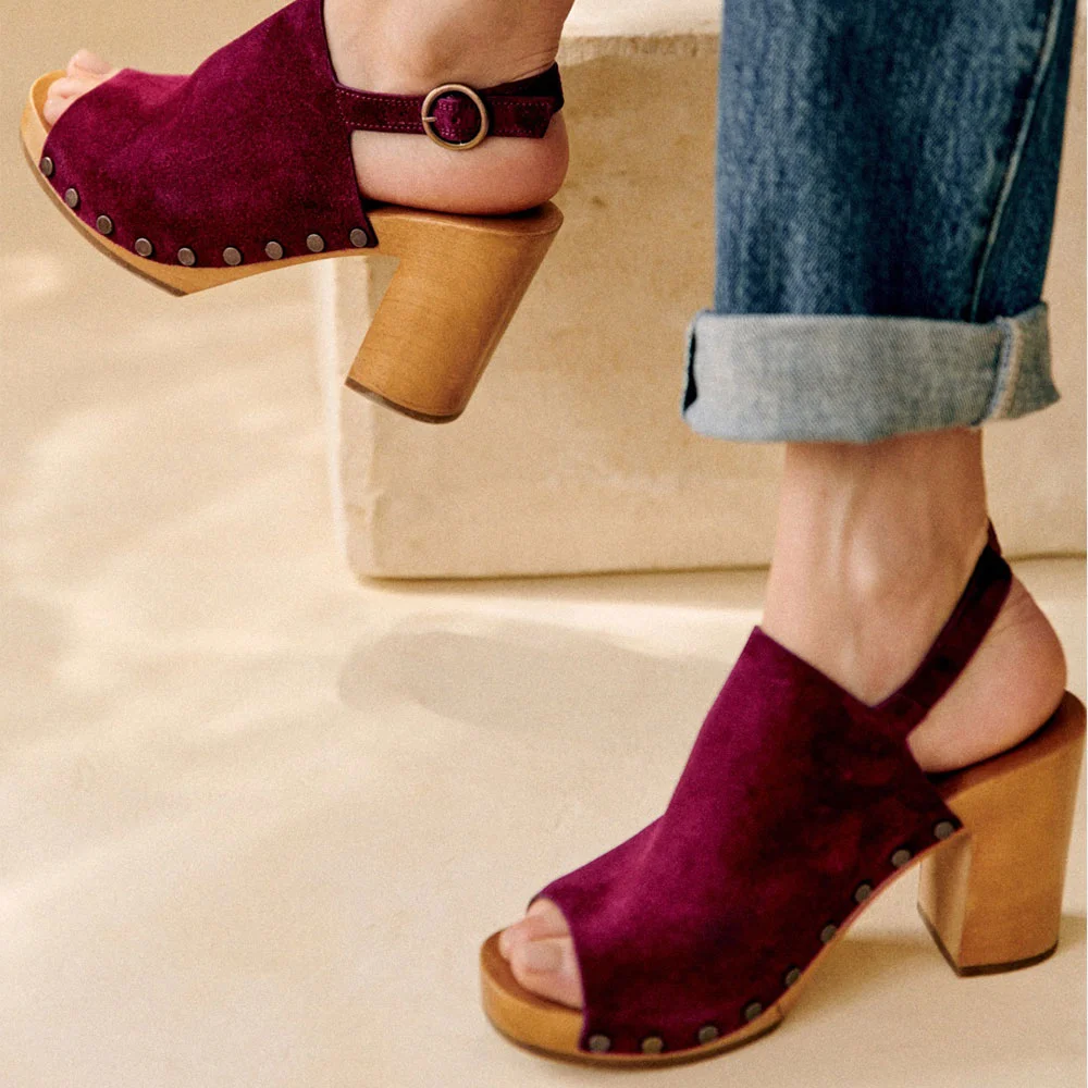 Fashion Maroon Peep Toe Slingback Studded Platform Heels with Buckle