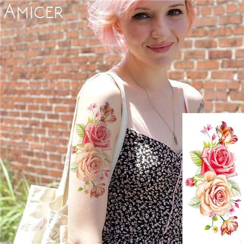 sexy romantic dark rose flowers Tattoo sleeve flash henna tattoos fake Waterproof temporary tattoos stickers translated tattoos
