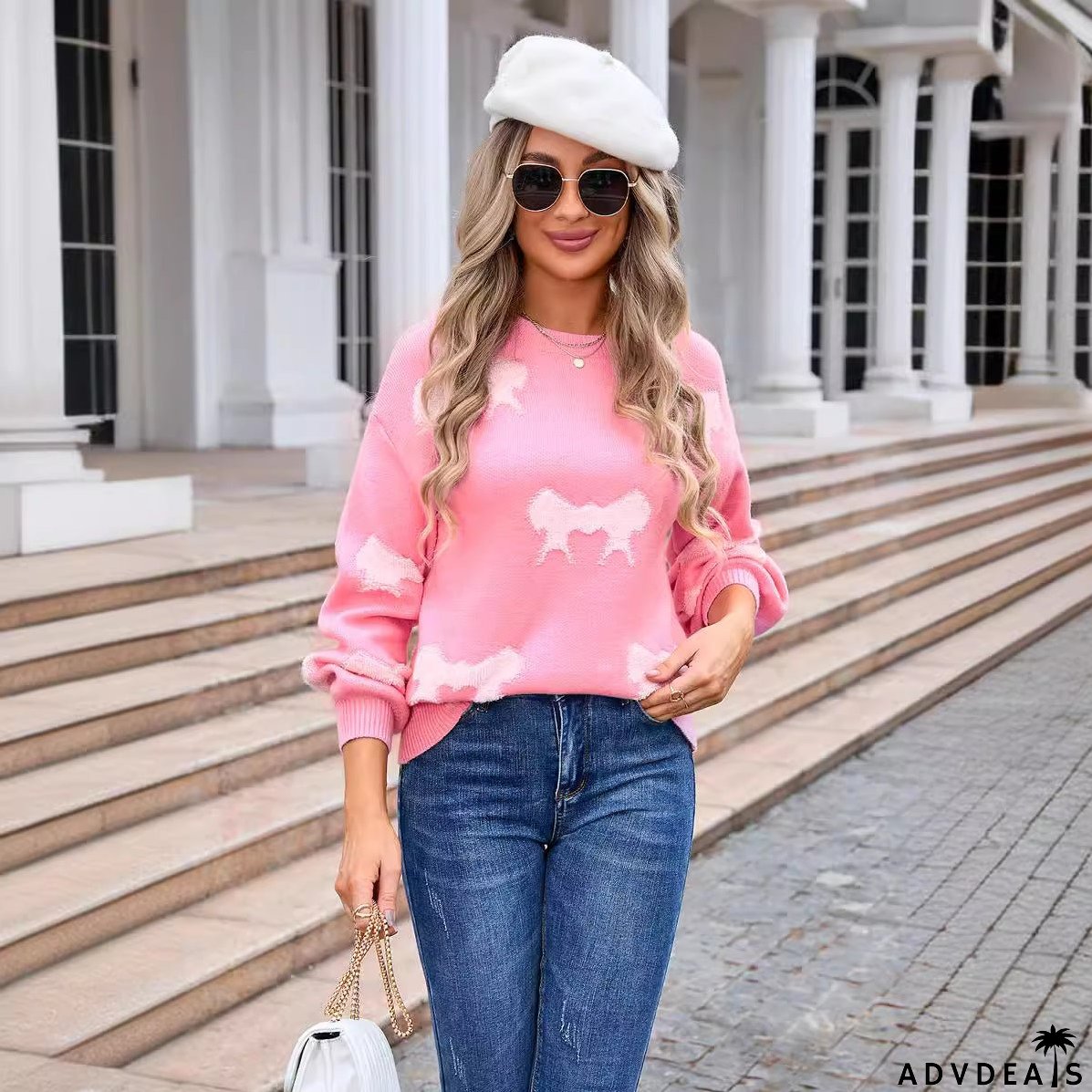Women's Round-Collar Long-Sleeve Knitwear with Bow