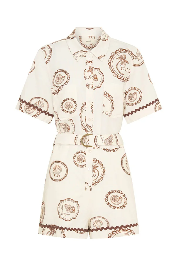 Resort Style Print Lapel Short Sleeves Casual Pocket Waist Tie Loose Rompers