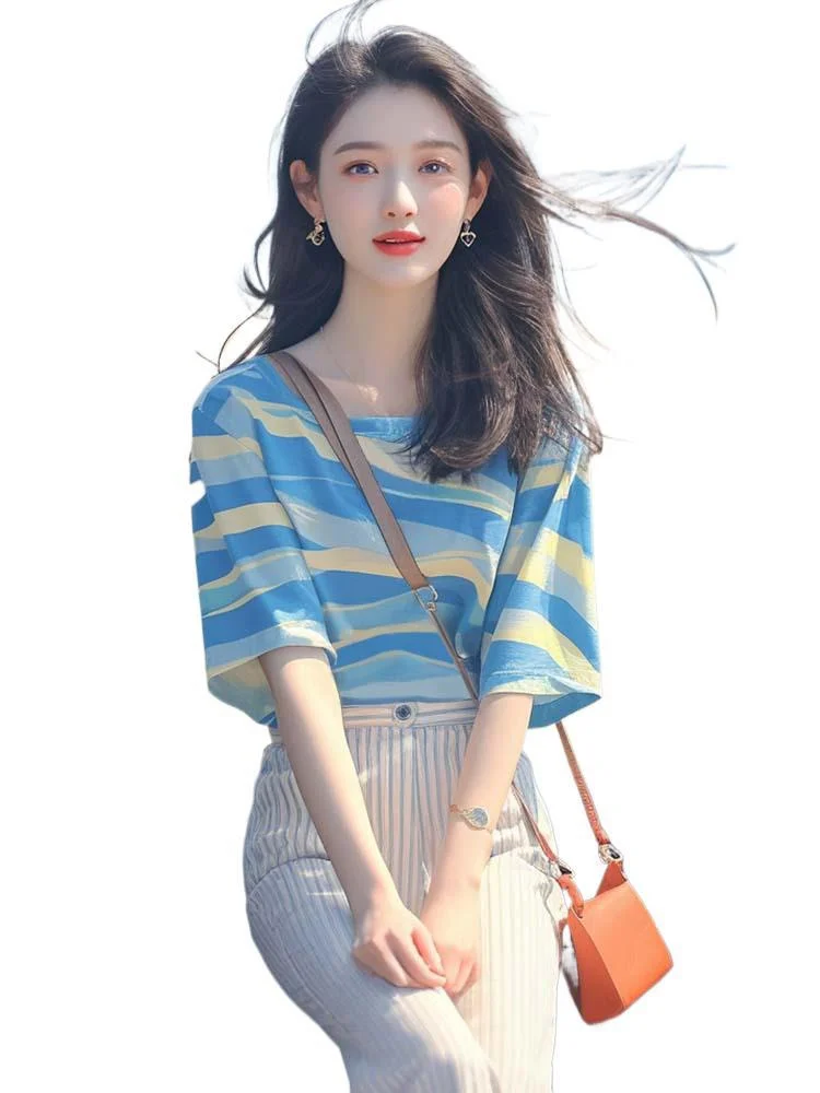 Athvotar Athvotar Korean Chic Oceanous Special To Beautiful Blouse Loose And Thin Blue Striped T-Shirts
