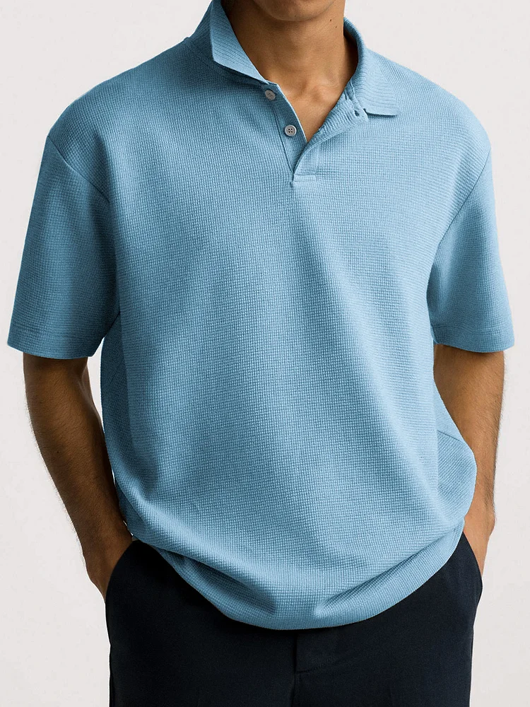Men's Textured Henley Button Collar Short Sleeve Casual Everyday Polo Shirt