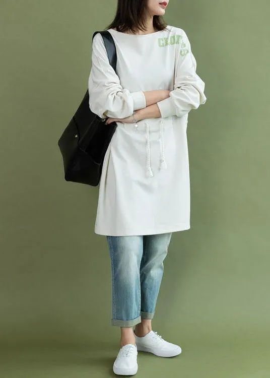 Vivid white Cotton tunic top drawstring side open baggy fall Dress
