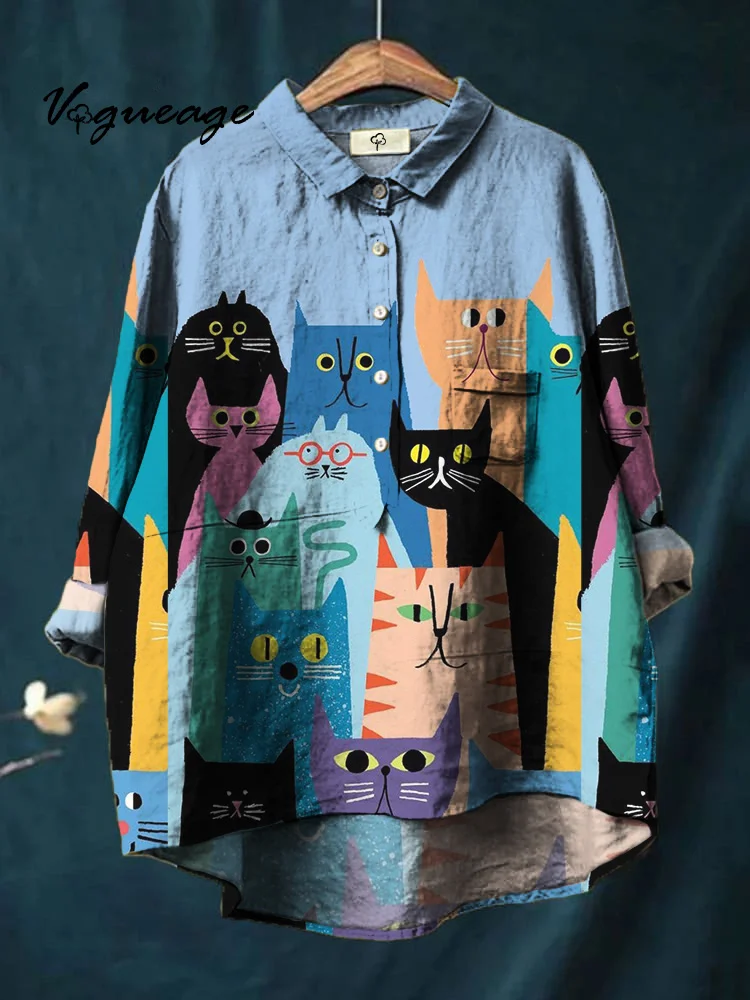 Cartoon Hand Drawn Cute Cat Printed Cotton And Linen Shirt