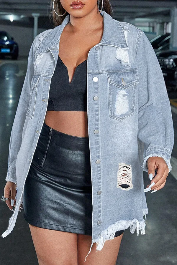 Casual Single-breasted Ripped Denim Jacket