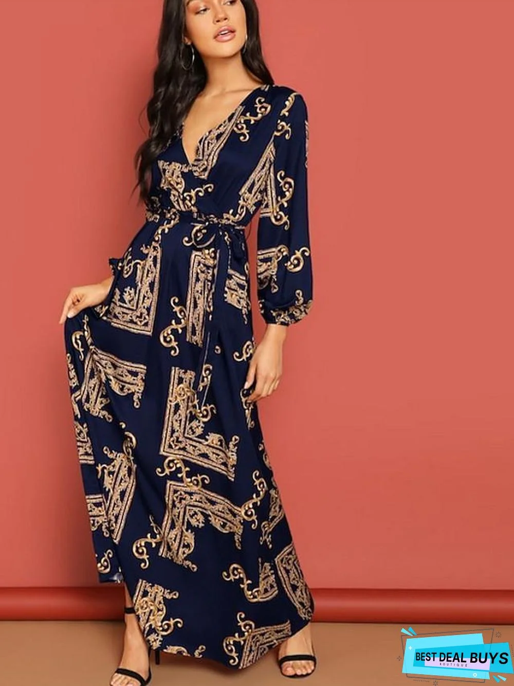 Women's A-Line Dress Maxi Long Dress Long Sleeve Geometric Spring & Summer Hot Elegant Black Navy Blue Black Dresses