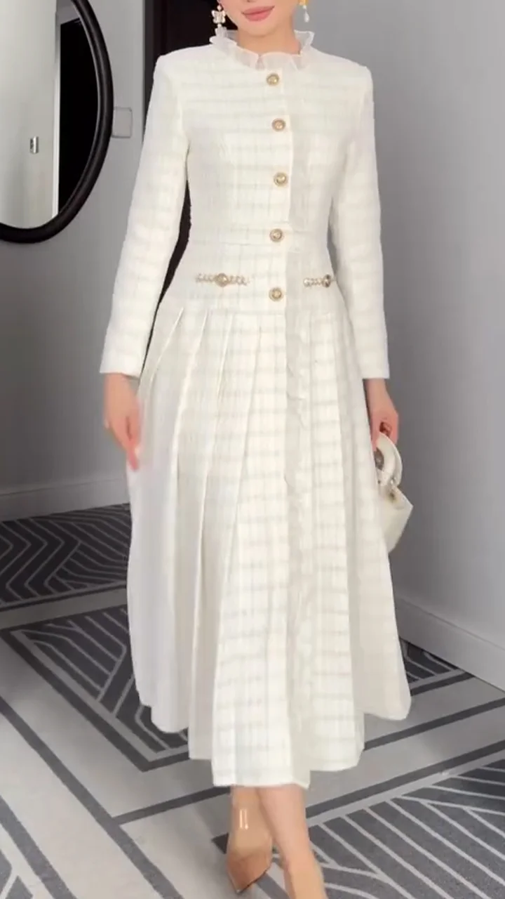 Women Round Neck Lace Button-down Plaid Elegant Temperament Dress