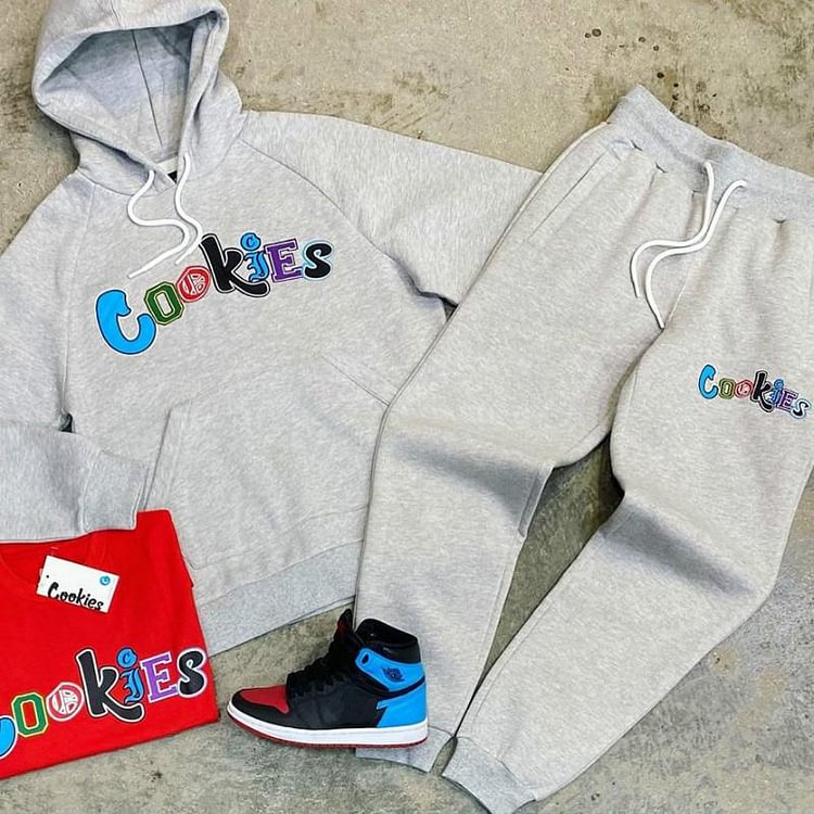 Fashionable grey cookie print hooded casual sweater set