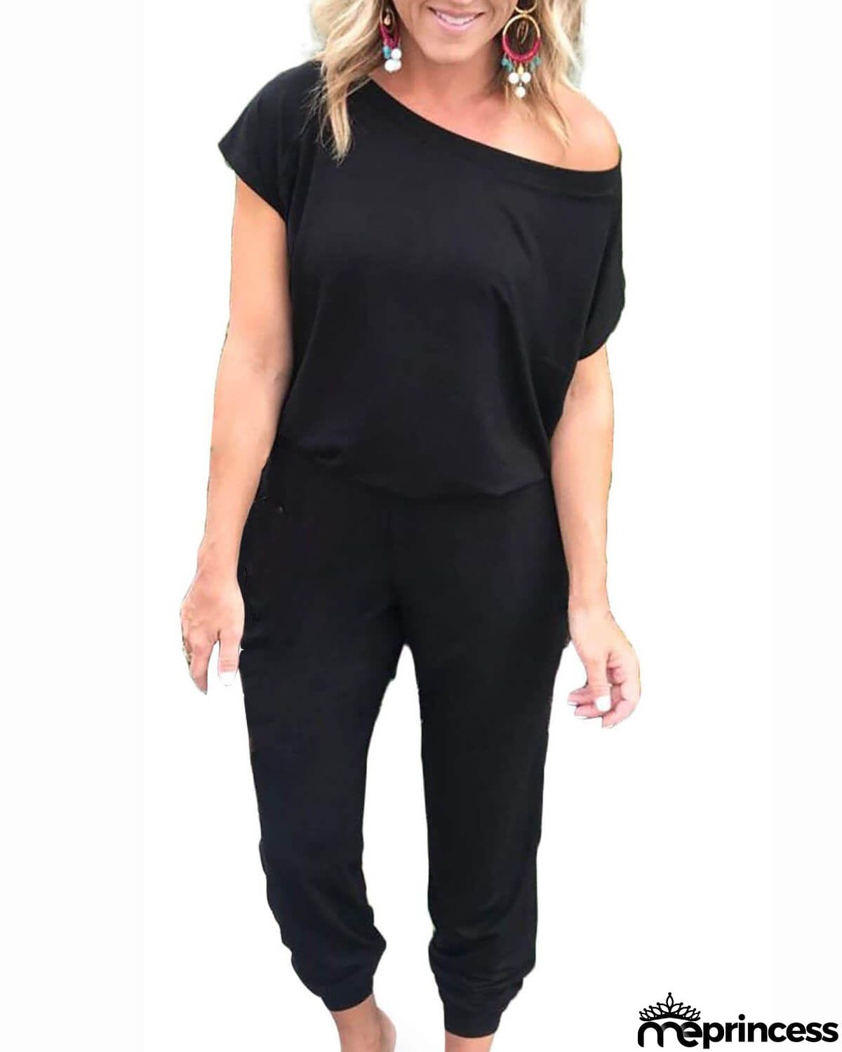 Women's Loose Fit Off Shoulder Jumpsuit Rompers with Pockets