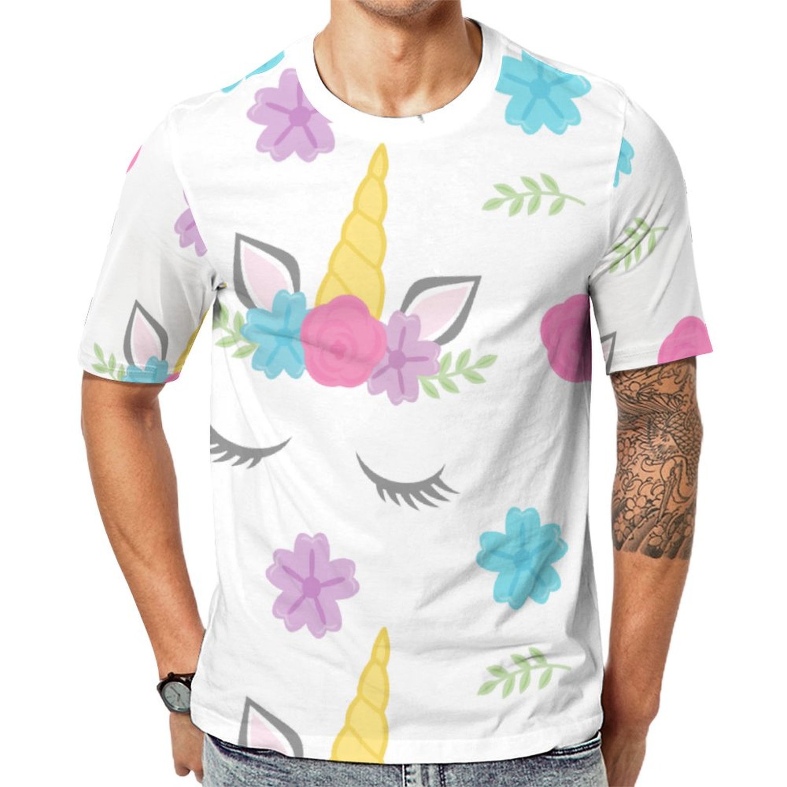 Floral Unicorn Face Short Sleeve Print Unisex Tshirt Summer Casual Tees for Men and Women Coolcoshirts