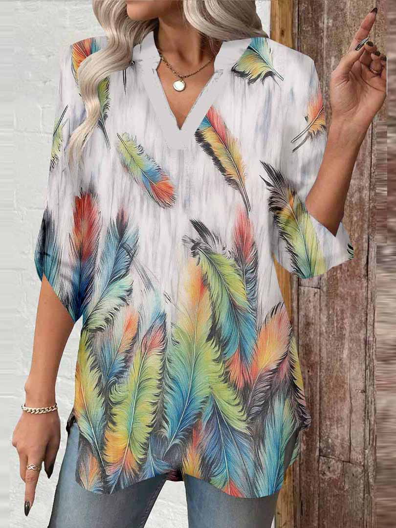 Women Feather, Blue, Green DZGA0553 3/4 Sleeve V-neck Printed Graphic Button Tops