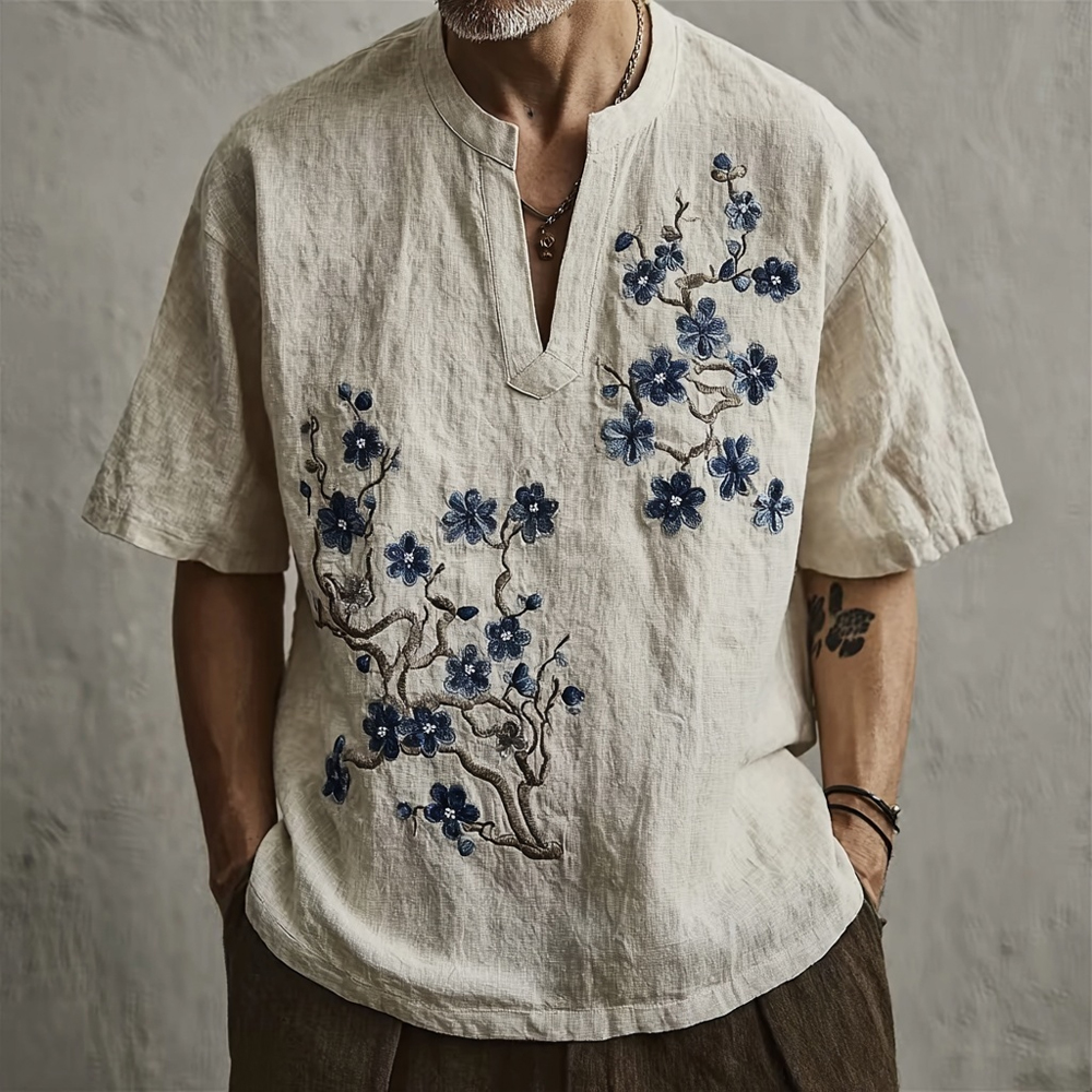 Vintage Japanese Plum Blossom Art Cozy Linen Shirt  artssus