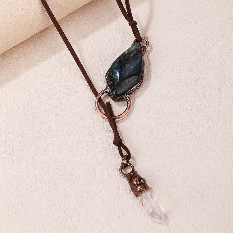 OlivenormaNatural Rough Stone Irregular Pendant Leather Rope Necklace