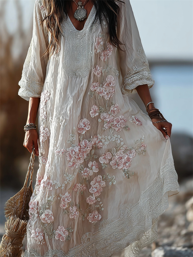 Boho Classy Cherry Blossom Flowy Linen Maxi Dress elevenforest