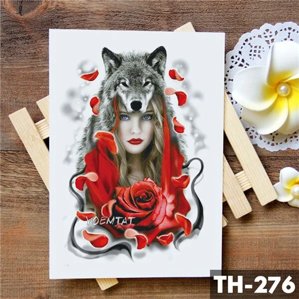 Wolf Head Cool Eyes Girl Temporary Tattoo Sticker Red Butterfly Lace Romantic Waterproof Tattoo Art Fake Tatoo For Women