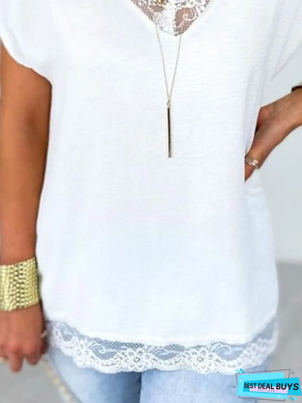 Plain Lace Short Sleeve V Neck Casual T-Shirt