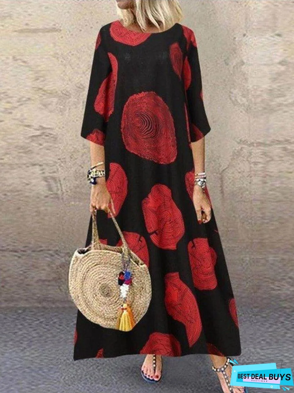 Vintage Cotton Print A-Line Round Neck Casual Maxi Dresses Black Dresses