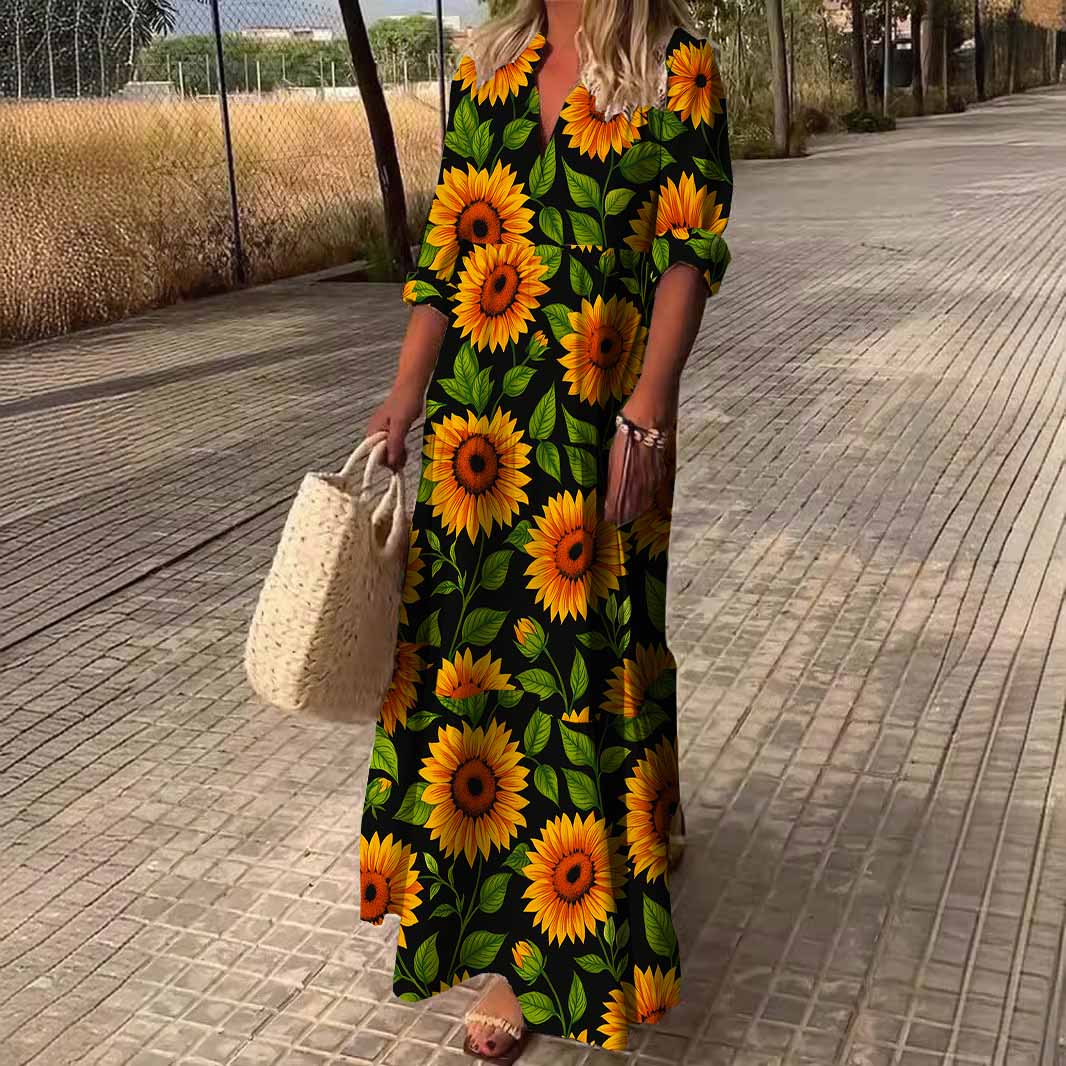 Women Sunflower, Green, Yellow DZDN0952 SPU Printed Long Sleeve V-neck Maxi Dress