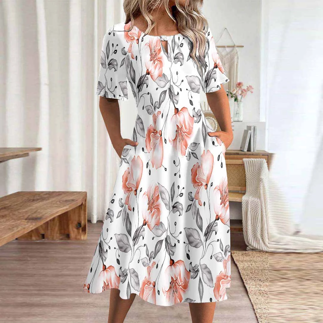 Women Floral,Pink DZHA8193 Short Sleeve Scoop Neck Graphic Printed Hollow Midi Dress