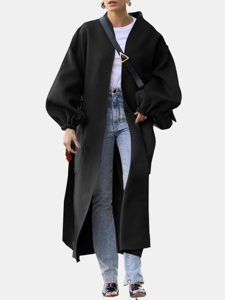 Solid Color Pockets Waistband Puff Sleeves Casual Coats for Women - Shop Trendy Women's Fashion | TeeYours