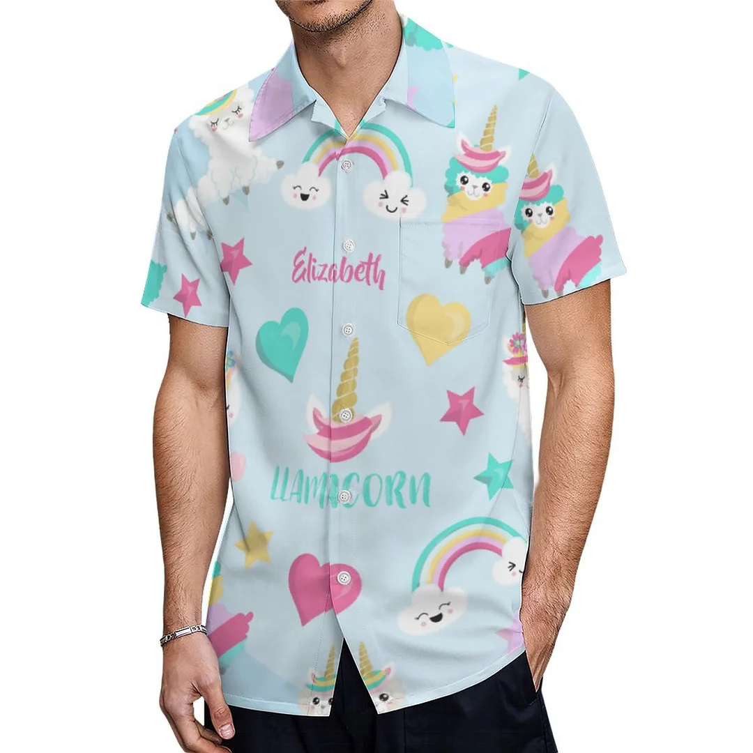 Short Sleeve Llamacorn Unicorn Pastel Hawaiian Shirt Mens Button Down Plus Size Tropical Hawaii Beach Shirts