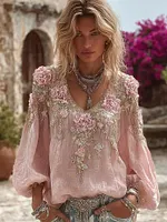 Boho Pink Rose Embroidered Long Sleeve Cozy Linen T Shirt