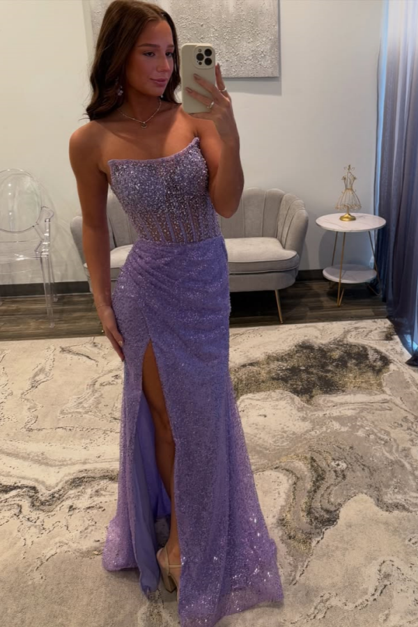 Purple Strapless Split Beaded Prom Dress ZT0699