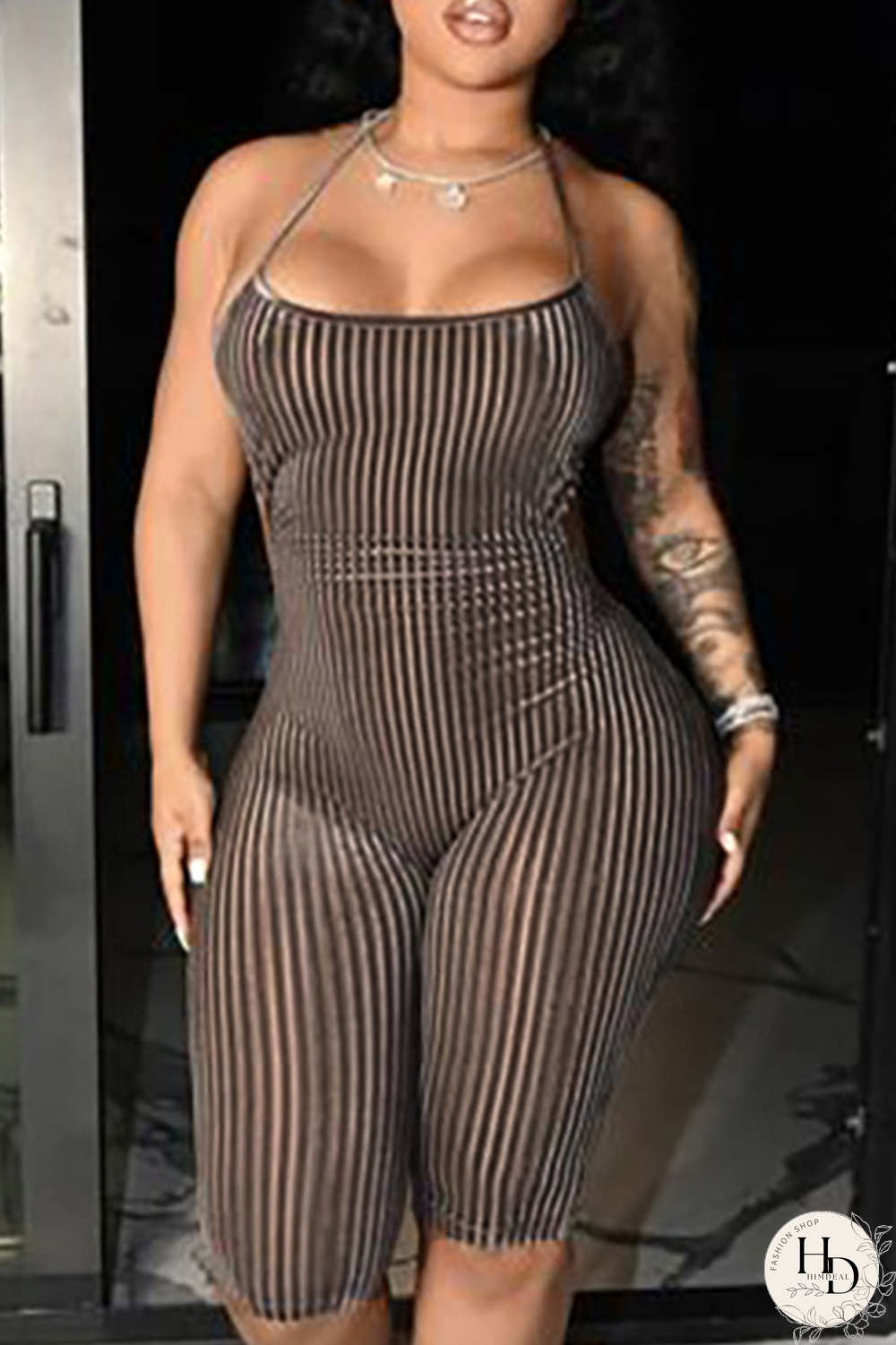 Brown Sexy Striped Patchwork Spaghetti Strap Skinny Jumpsuits