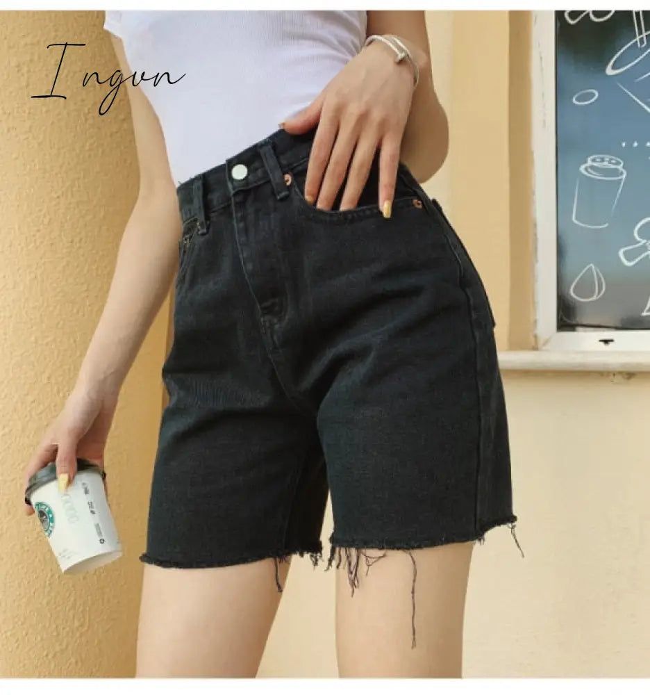 Ingvn - High Waist Slim Denim Shorts Bermuda Plus Size Woman New Fashion Tassel Tight Five - Point