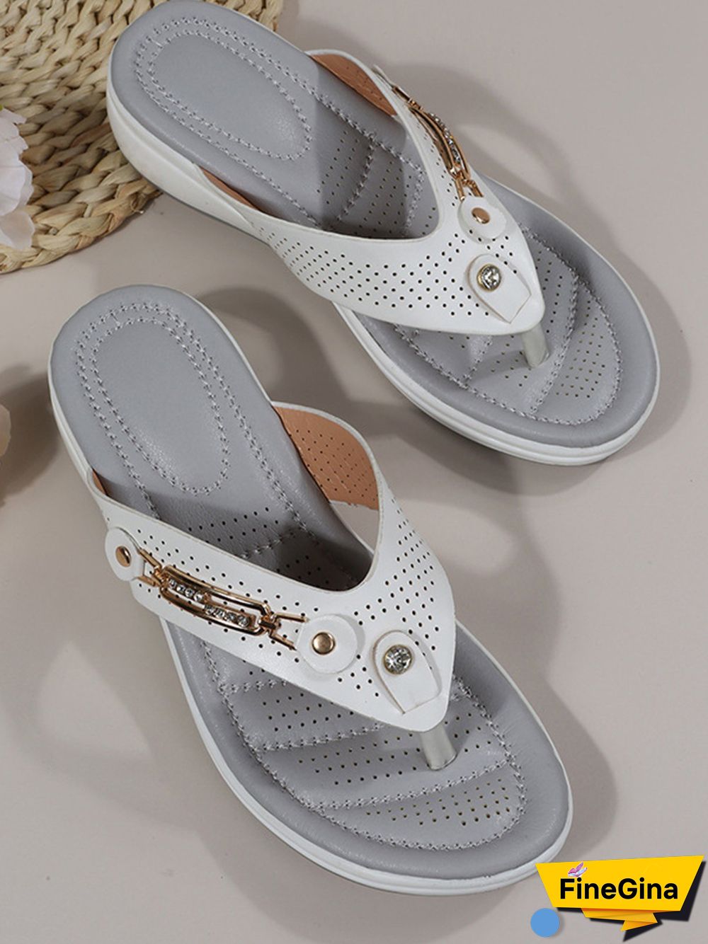 Metal Rhinestone Slope Heel Flip-Flops