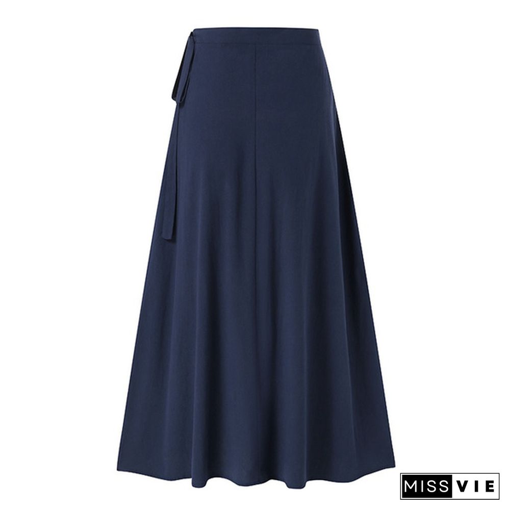 Vintage Elegant Skirt Women Cotton Side Tie A-Line Skirt Summer Long Skirt Dress