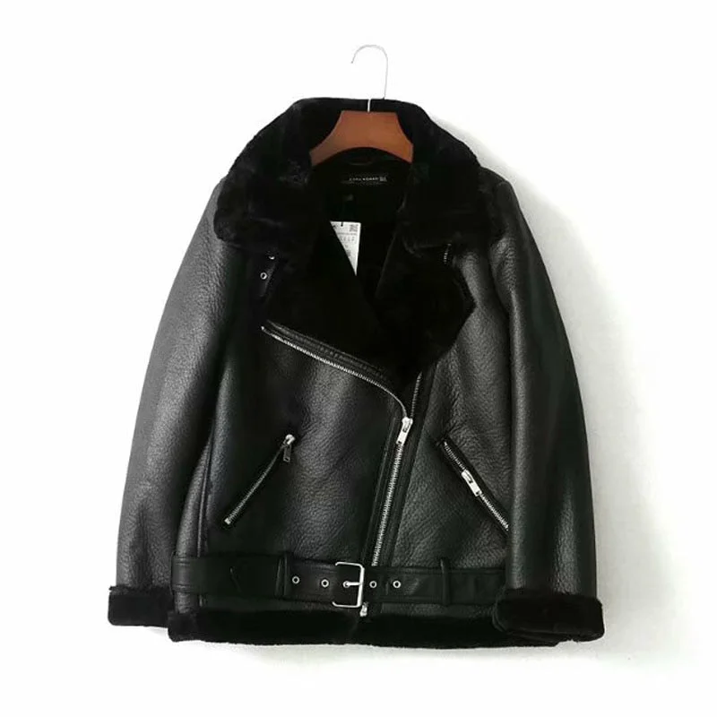 Fur Locomotive Retro with Belt Riding Winter Women's Jacket Long-sleeved Lapel Padded Warm Black Zip Chic Female Coat Tops