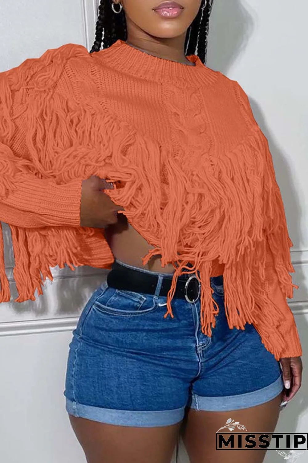 Black Casual Solid Tassel O Neck Tops