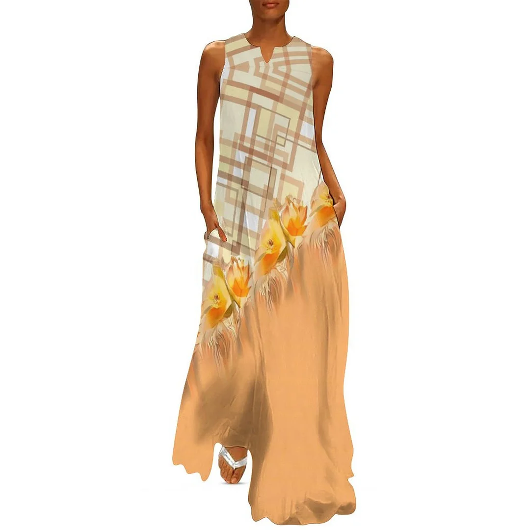 Style & Comfort for Mature Women Plus Size Printed Sleeveless Casual Women Maxi Dress with Pockets in Pattern Yellow, Plaid, Floral