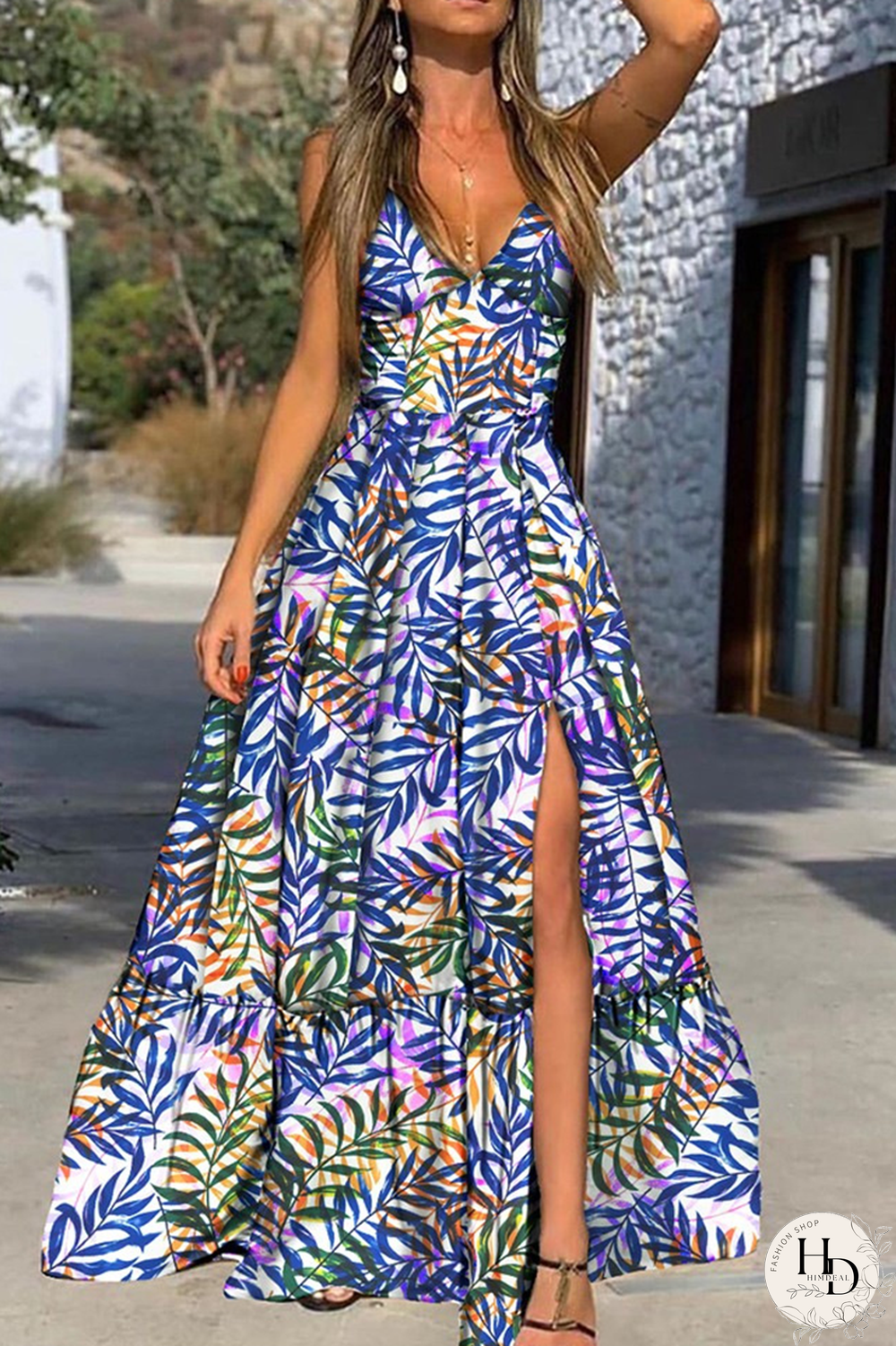 Fashion Print Slit Spaghetti Strap Cake Skirt Dresses