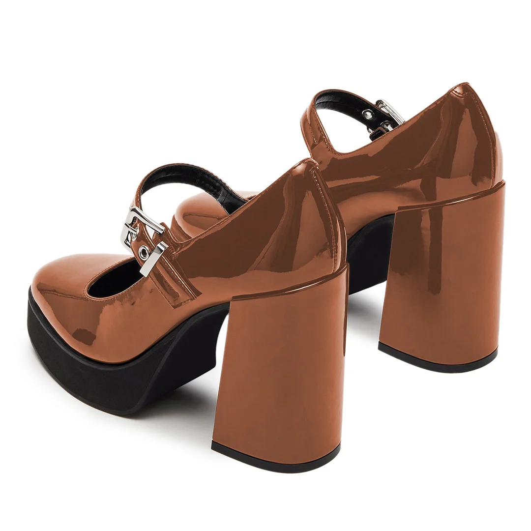 Brown Patent Leather Round Toe Buckle Fastening Strap Mary Janes