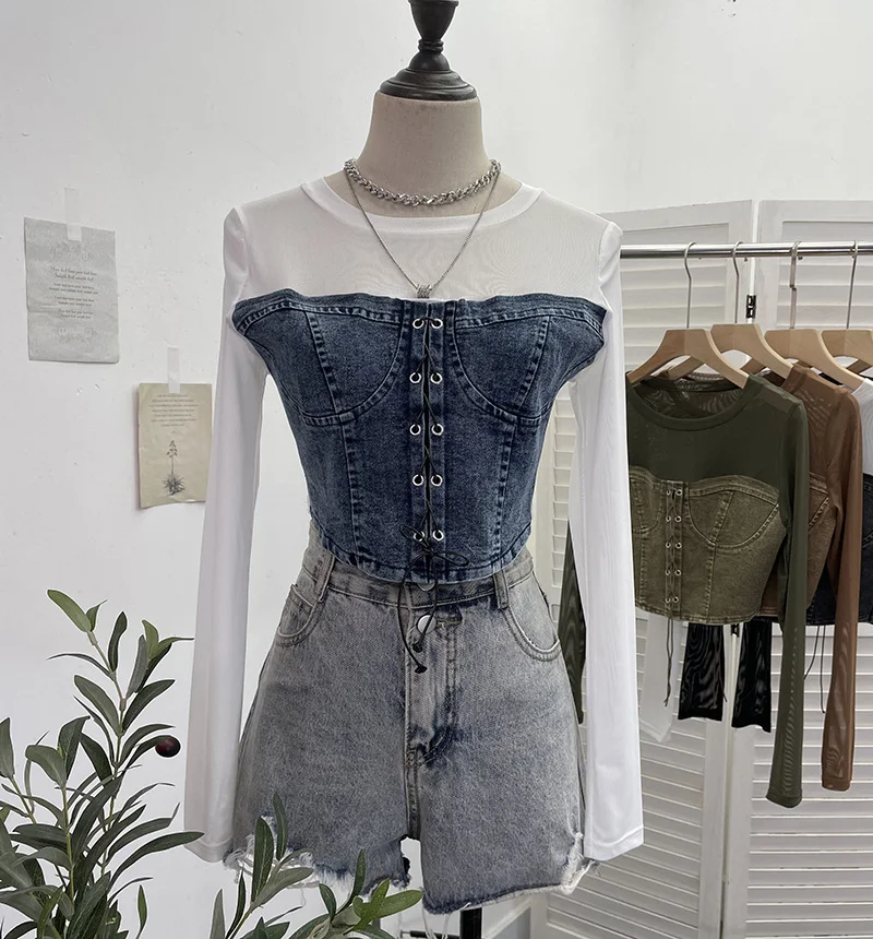 Uveng Real Shooting Denim Splicing Mesh Design Long-Sleeved T-Shirt Wearing Rope Tie Short Repair Body Coat 2638