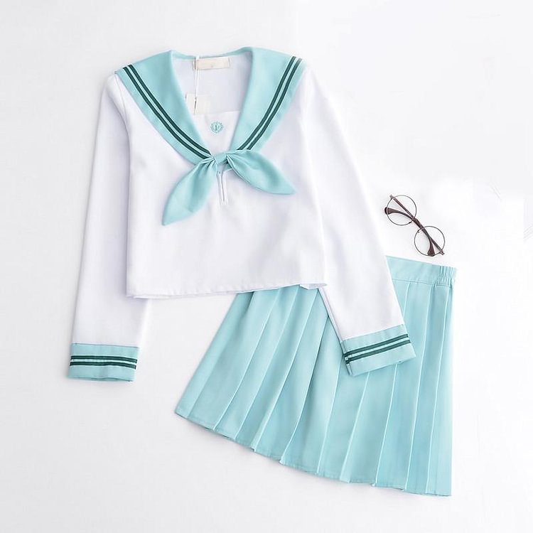 Kawaii Mint Sailor Collar Short Top Skirt Set SP178857