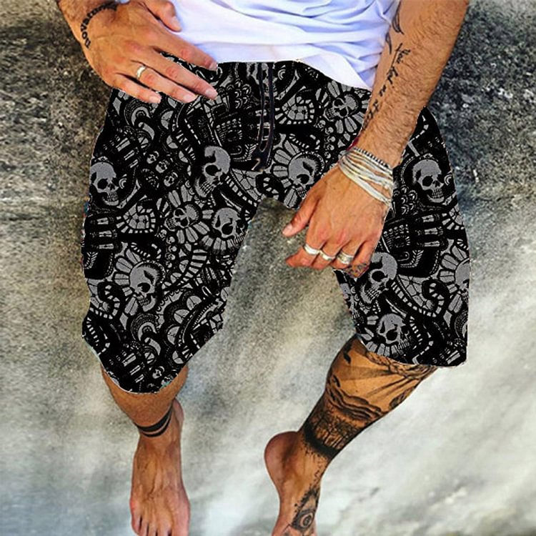 Loose Skull Lace-Up Casual Men's Shorts