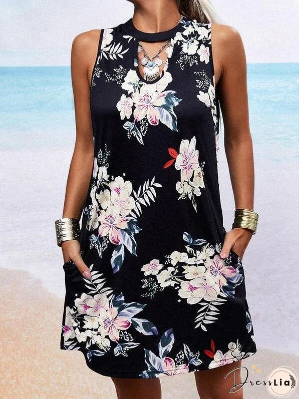 Pocket Print Round Neck Sleeveless Dress for Women